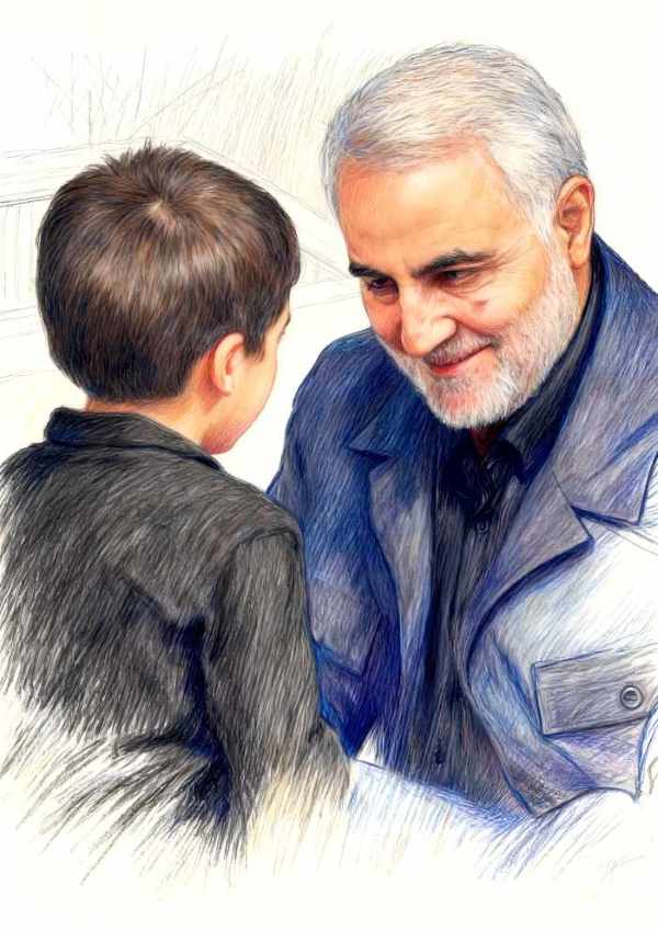 نقاشی دیجیتالی شهید حاج قاسم سلیمانی و کودک